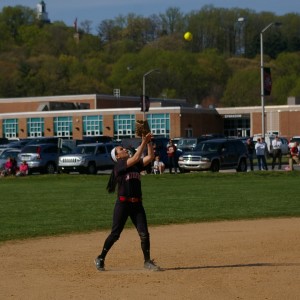 Shortstop Corinne Byerly looks in a fly ball. Bylerly played outstanding defense, not letting anything past.