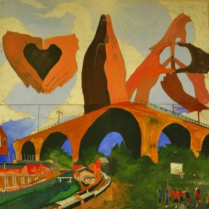 The upper parts of the mural show landmarks from the city as it is today with the students' hopes for the future above.
