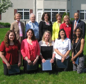 Gathering at Freedom Village, sponsors of the Brandywine Health Foundation’s spring nursing scholarship breakfast earlier this spring are: (front) Spring nursing scholarship recipients Bridget Phillips, Shannon Curley, Laura Huch, Laura Alarcon, and Jade Proctor; (back) scholarship donor Jennifer McNeil, Coatesville School of Nursing alum Lena Hershey, West Chester University’s Dr. Cheryl Monturo, CCIU’s Practical Nursing Program’s Dr. Patricia Knecht, and Brandywine Health Foundation’s President/CEO Frances Sheehan and Vice Chair James Manning, Jr.  Missing: Scholarship donors The Bohlayer Family, Barbara and Fred Travaglini, and Roger and Lynn Brow