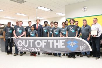 On Sunday November 6, 2016, Congressman Ryan Costello met with the team members of Out of the Box Robotics at the Technical College High School Brandywine, in Downingtown, Pennsylvania. During the meeting Frank McKnight, Principal of the TCHS, was presented with a certificate of appreciation for providing a meeting space for the team. The congressman reviewed and agreed to cosponsor H.R 5168 which authorizes the Treasury to mint coins in memory of Christa McAuliffe. From left to right: Vijay Saini, Team Mentor William Barker, Josh Beauchamp, Brandon Barker, Kavish Saini, Rep. Ryan Costello, Karthik Imayavaramban, Lander Holsinger, George Broadbent, John Colavito, Chiraag Chakravarthy, Chris Lijoi, Team Mentor Andy Moscarelli, Team Mentor Jerry Beauchamp and TCHS Brandywine Principal Frank McKnight.